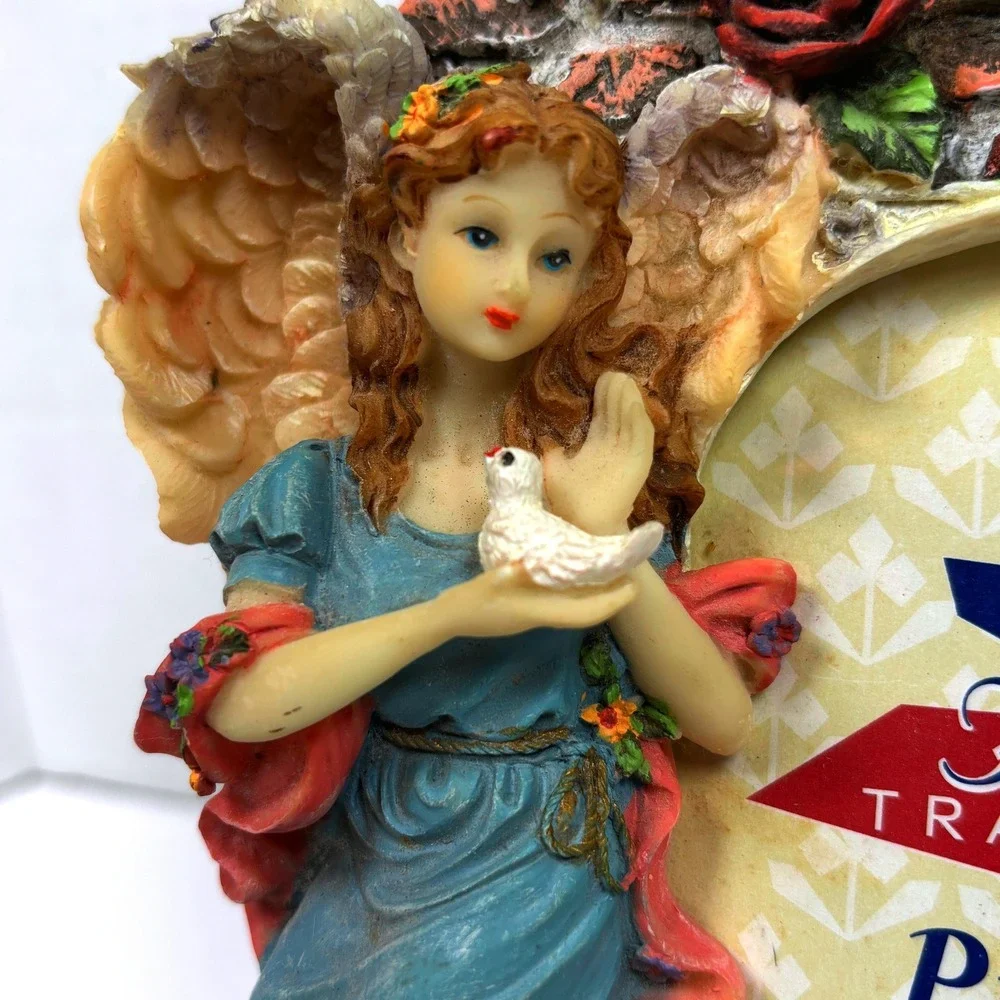 Vtg 90s Guardian Angel Resin PhotoFrame Dove Floral Roses Garden Victorian Fairy